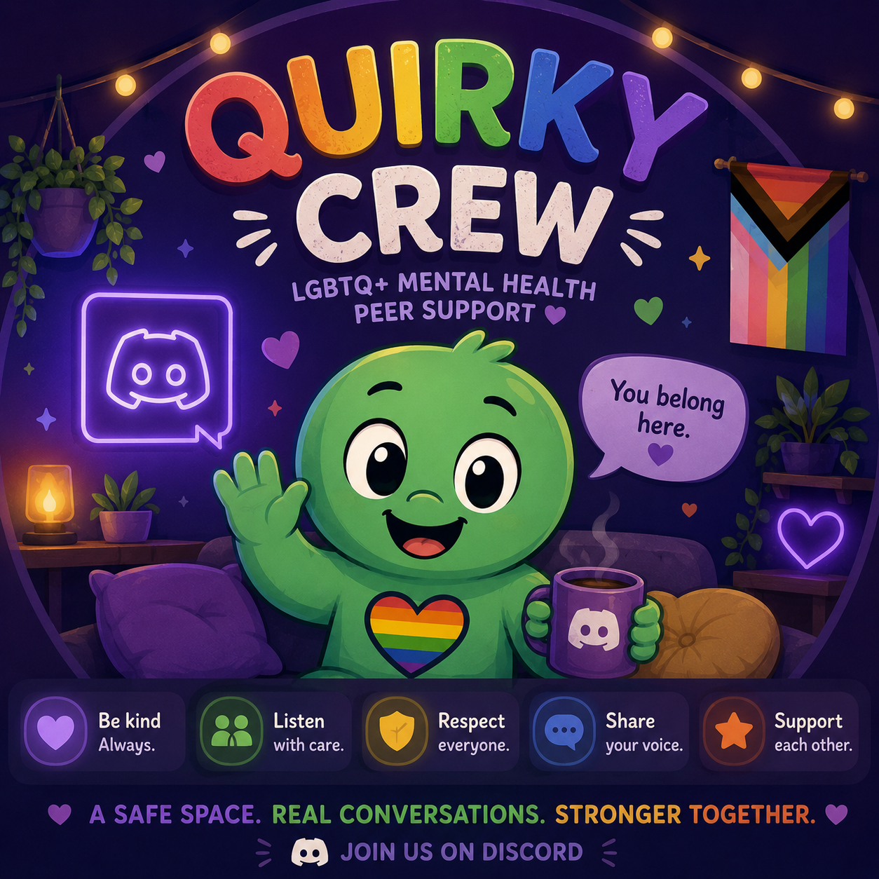 Discord Community Quirky Crew mascot waving beside Discord symbols and a Progress Pride flag.