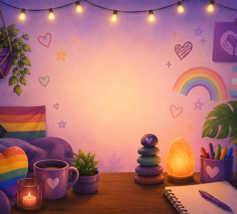 Mental Health and LGBTQIA+ Resources Warm purple wellbeing scene with Progress Pride and rainbow flags, plants, candles, a salt lamp, stacked stones, pens and an open notepad.
