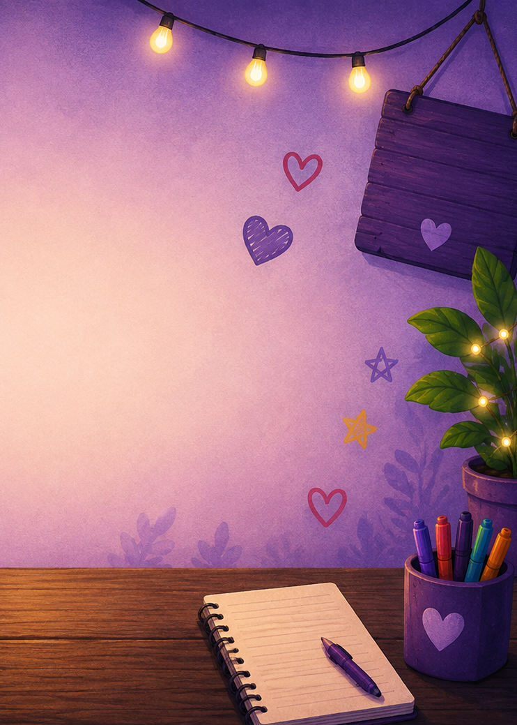 Contact Quirky Crew Open notepad and purple pen on a warm, purple desk decorated with hearts, stars, fairy lights and a plant.