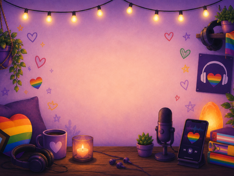 Quirky Crew Videos and Podcasts Warm purple podcast scene with a microphone, headphones, smartphone showing an audio waveform, rainbow hearts, books, plants and fairy light