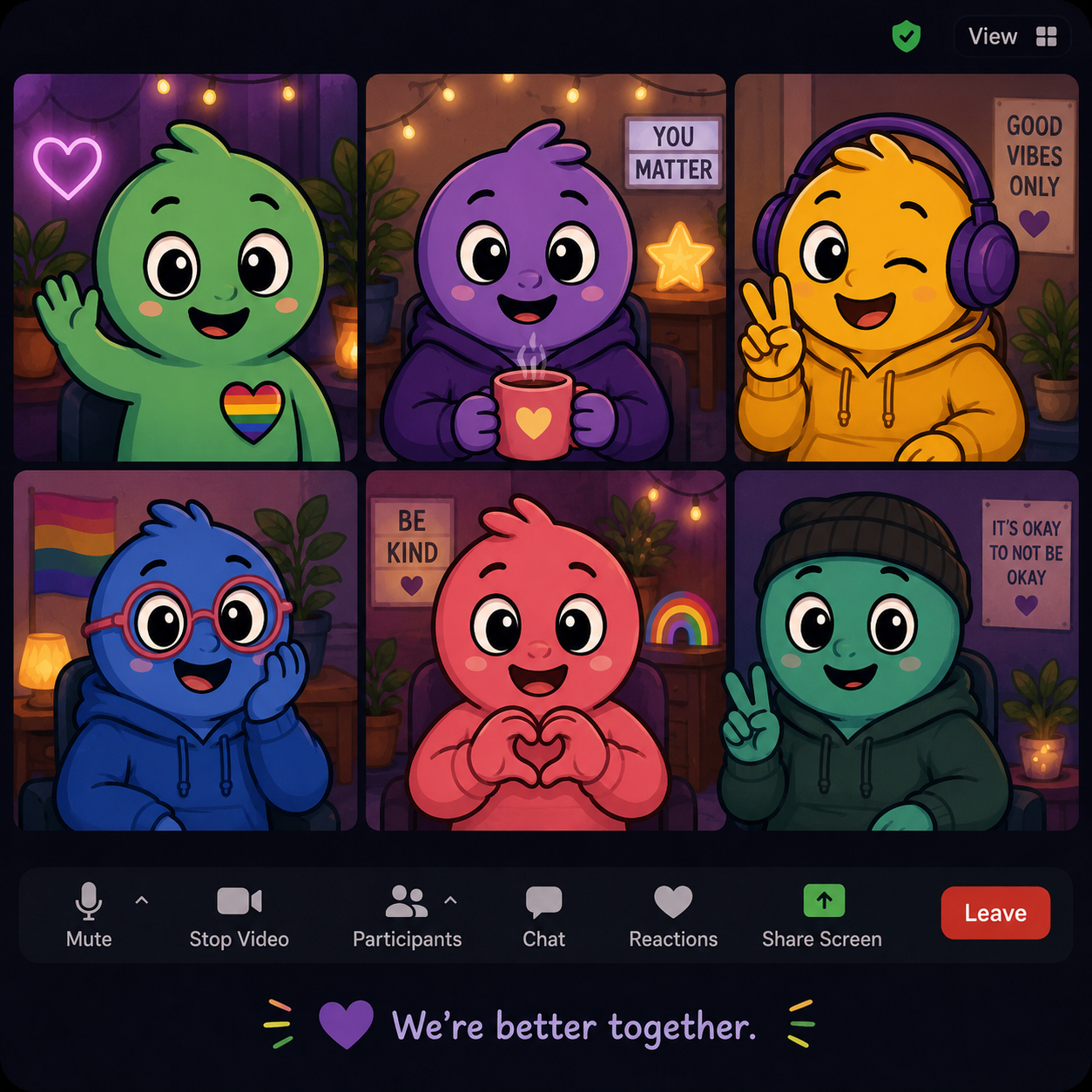 Six colourful Quirky Crew characters taking part in an online video social.