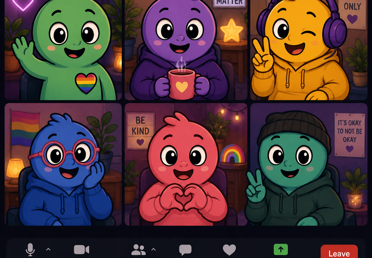 Monthly Online Socials Six colourful Quirky Crew characters taking part in an online video social.